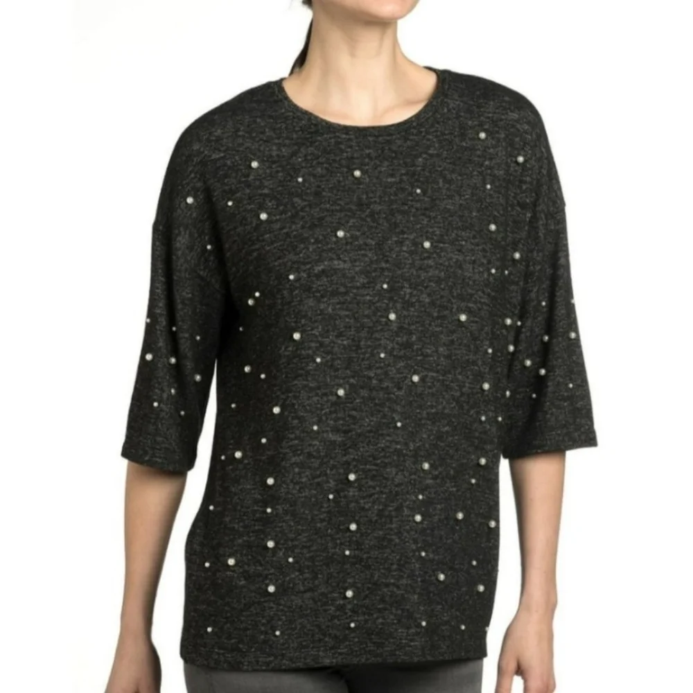 Chelsea & Theodore pearl embellished sweater 3/4 sleeve artsy glam women Large